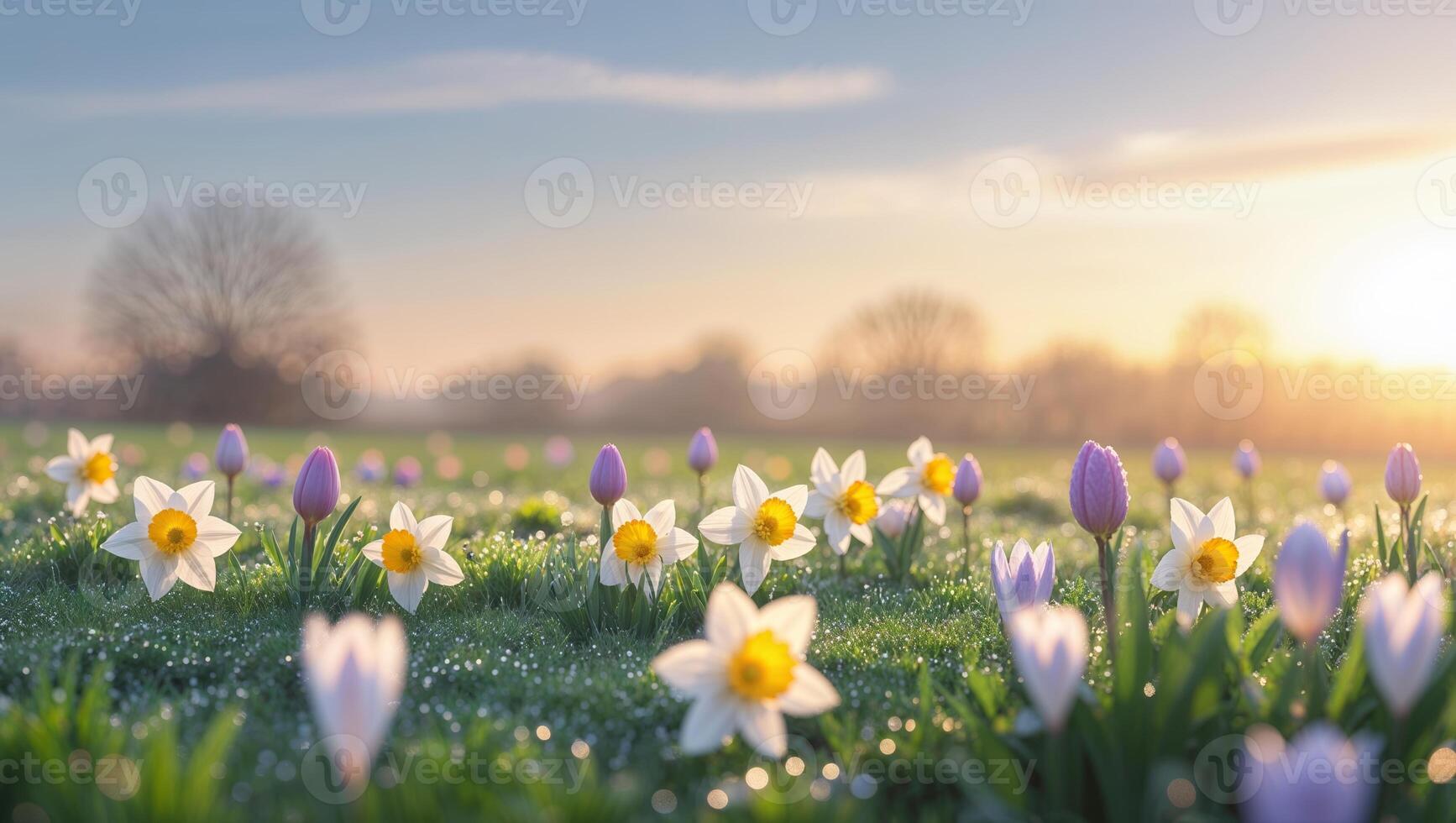 Bright spring morning with blooming daffodils and crocuses in a serene field under a golden sky photo