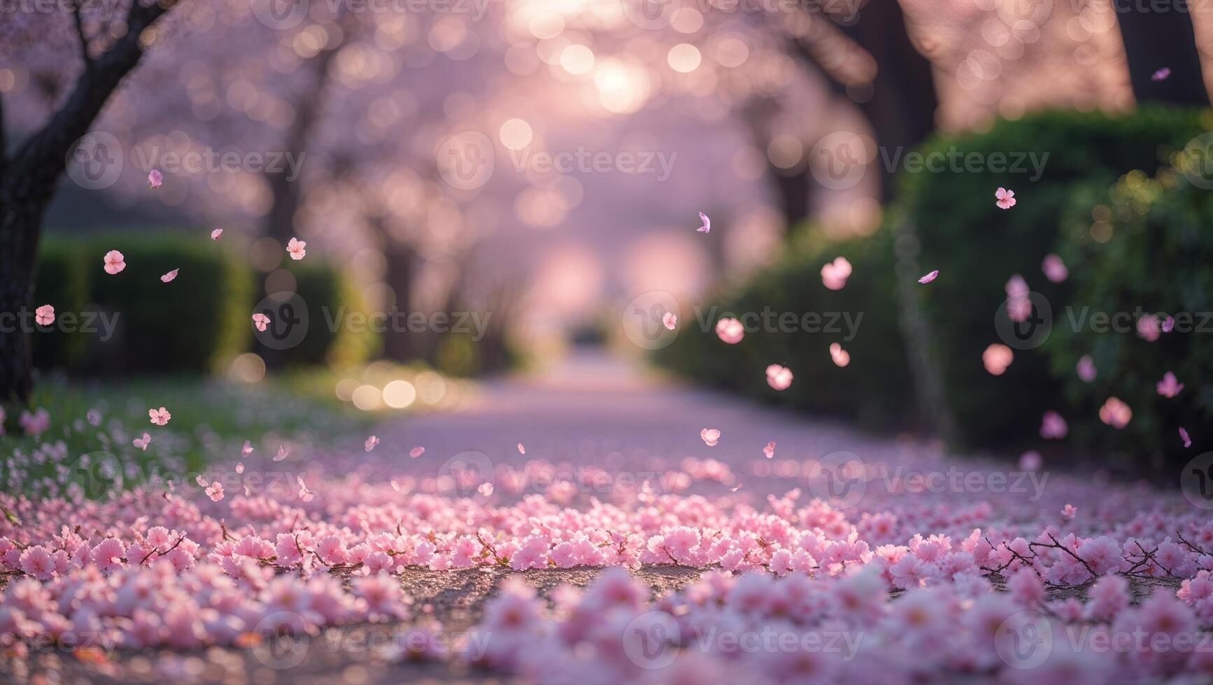 Cherry blossoms create a serene pathway in a blooming park during springtime afternoon photo
