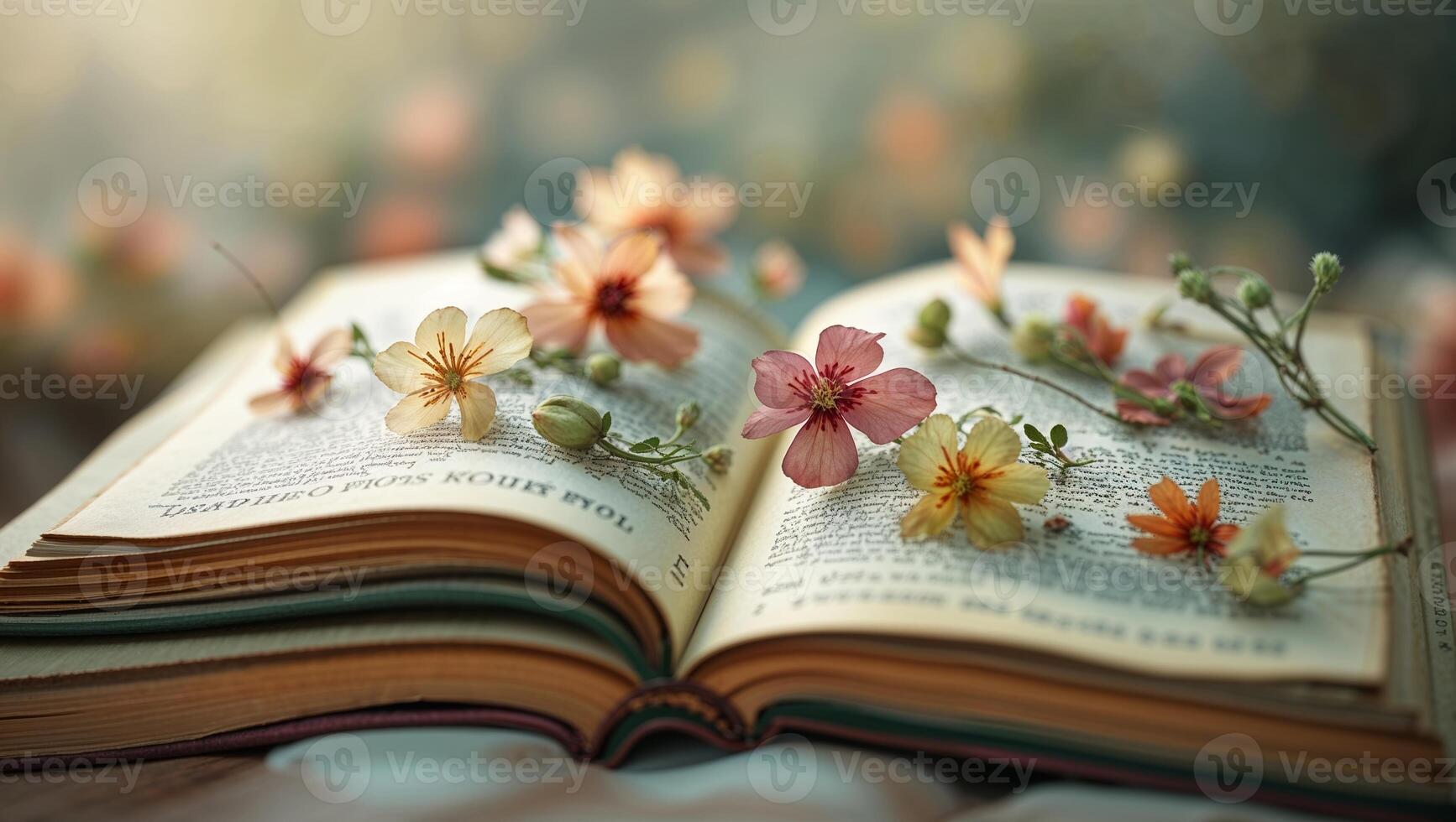 Open book surrounded by delicate flowers on a soft surface in a serene indoor setting during daylight photo