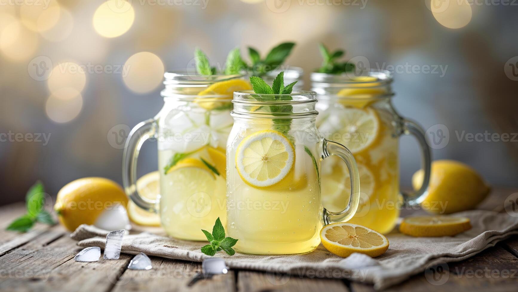 Refreshing lemonade served in mason jars with mint and lemon slices on a rustic wooden table photo