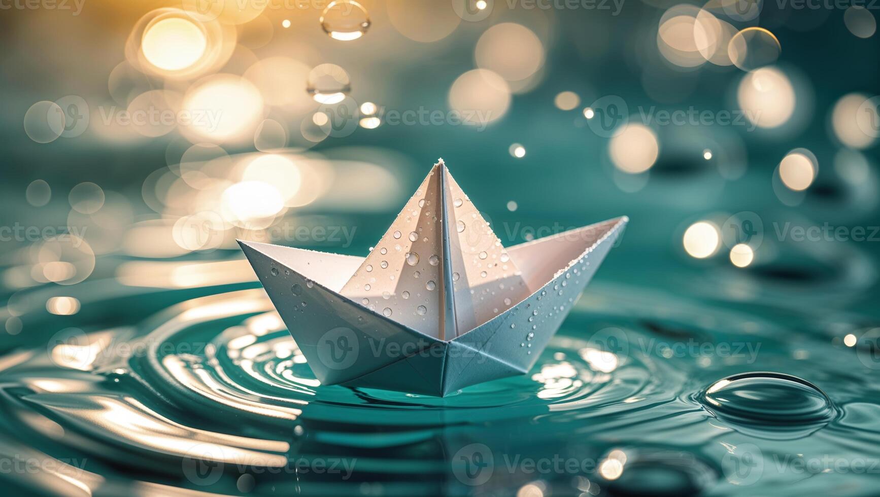 Paper boat gently floating on water surface during rain with sparkling droplets in the background photo