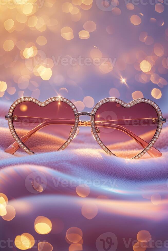 Heart-shaped sunglasses positioned on soft fabric create a dreamy atmosphere with sparkling bokeh in the background at evening light photo