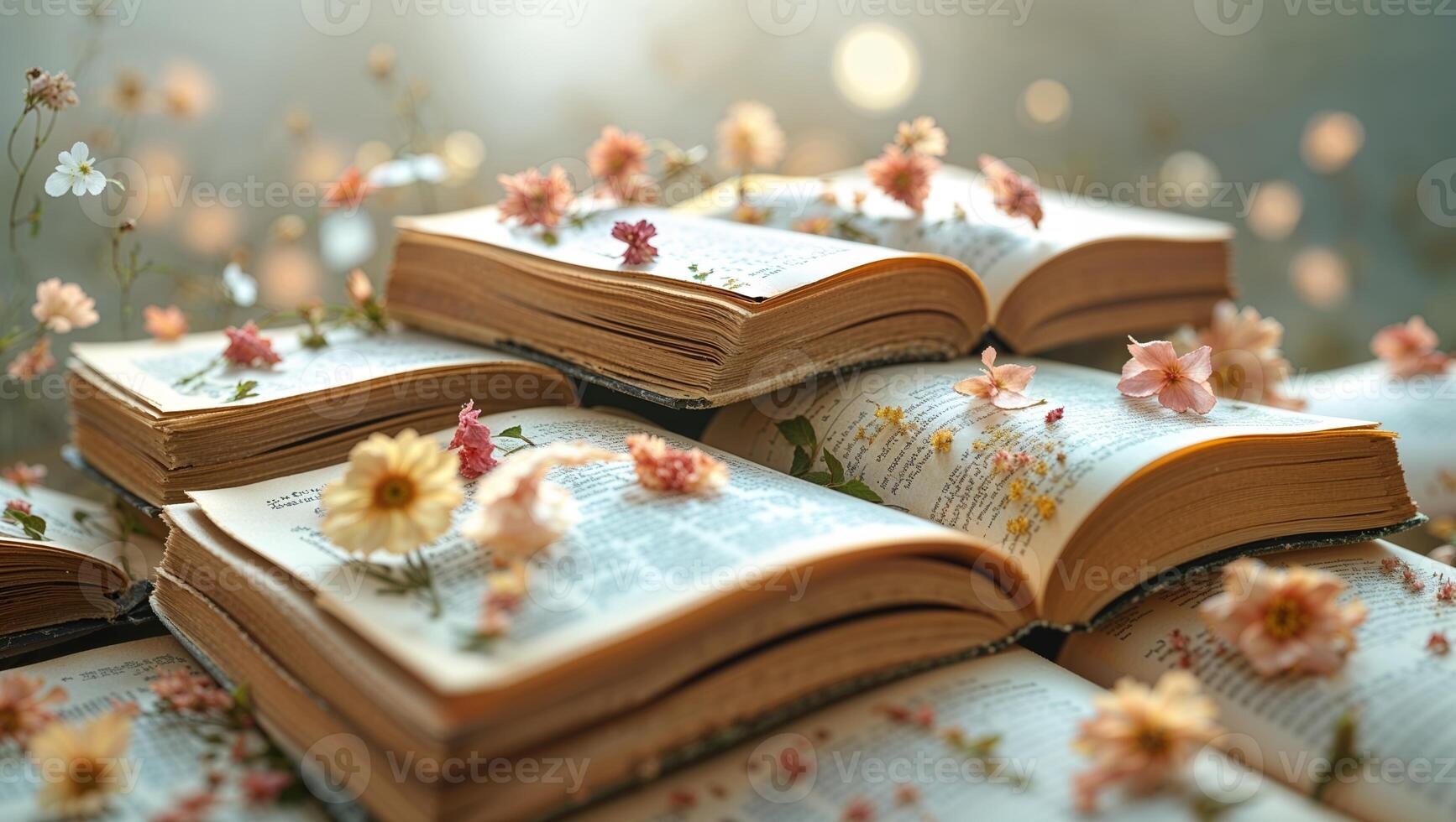 Stacked open books adorned with colorful flowers in soft natural light photo