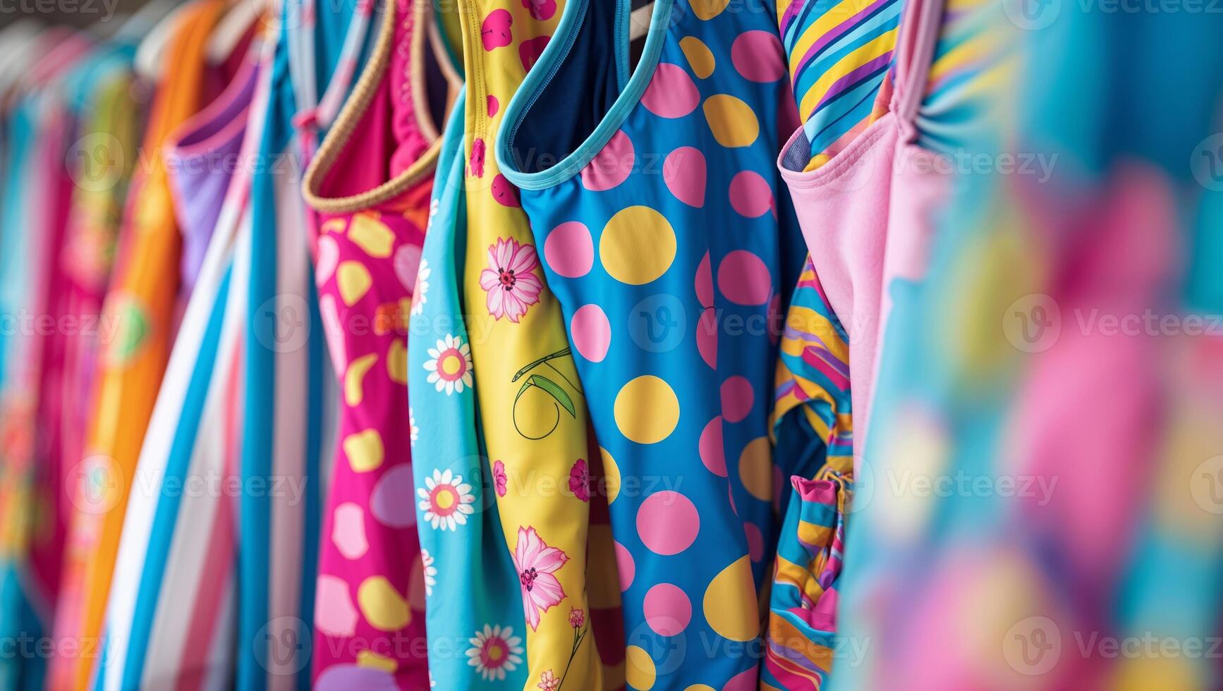 Colorful swimsuits displayed on hangers in a bright shop, showcasing various patterns and designs for summer fun and swimming activities photo