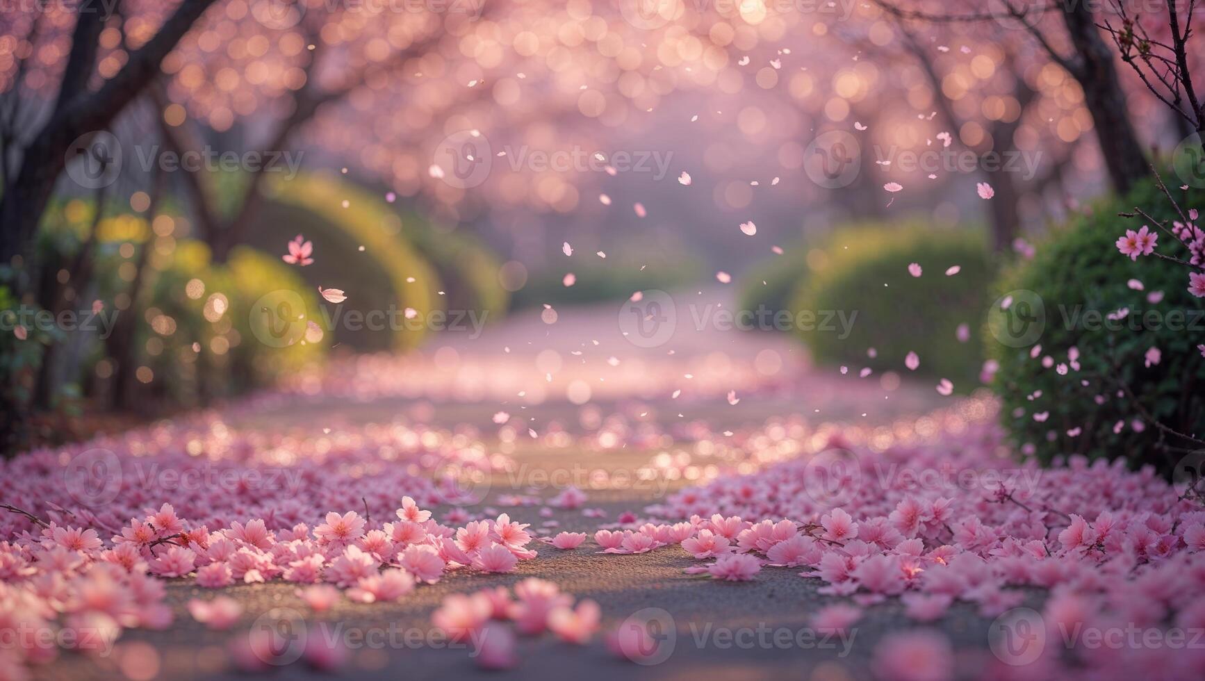Cherry blossom petals fall softly along a peaceful path in a serene spring landscape at twilight photo