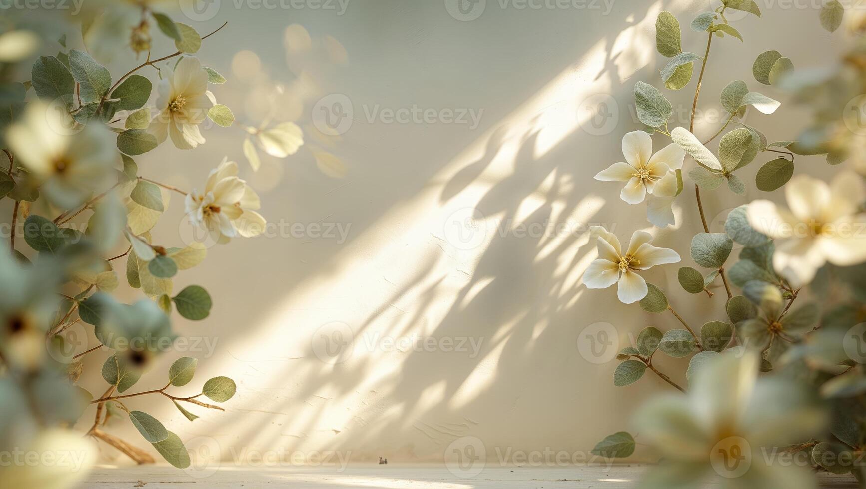 Delicate flowers and soft shadows create a serene atmosphere in a sunlit interior space photo