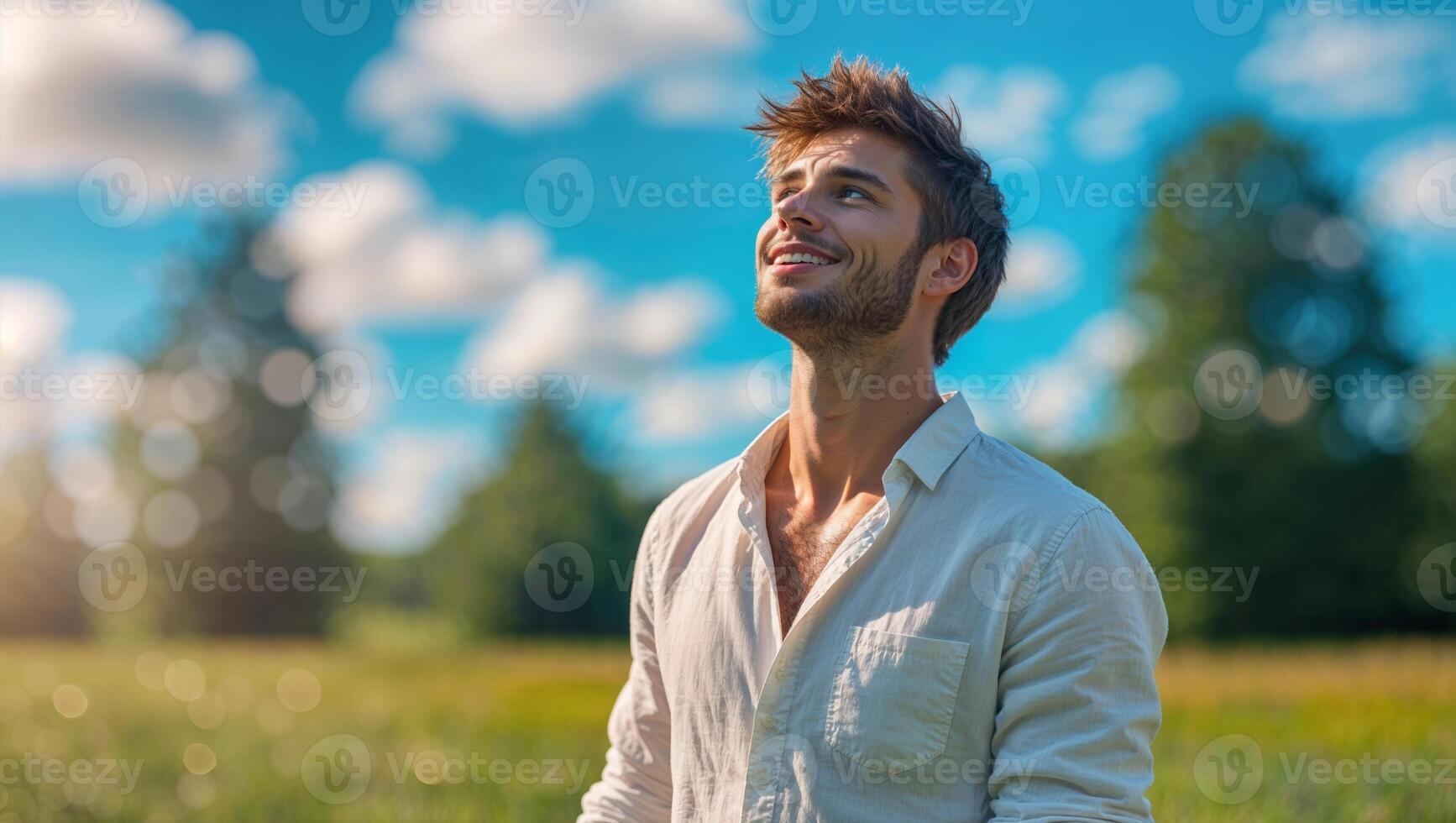 Young man enjoying the sunny outdoors while observing the sky on a bright and clear day photo