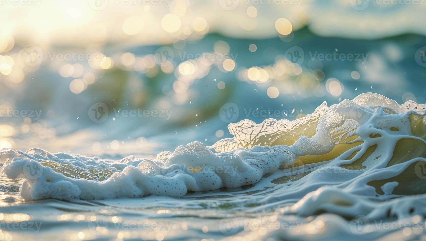 Waves crashing gently on the beach during sunset with golden light reflecting on the ocean surface photo