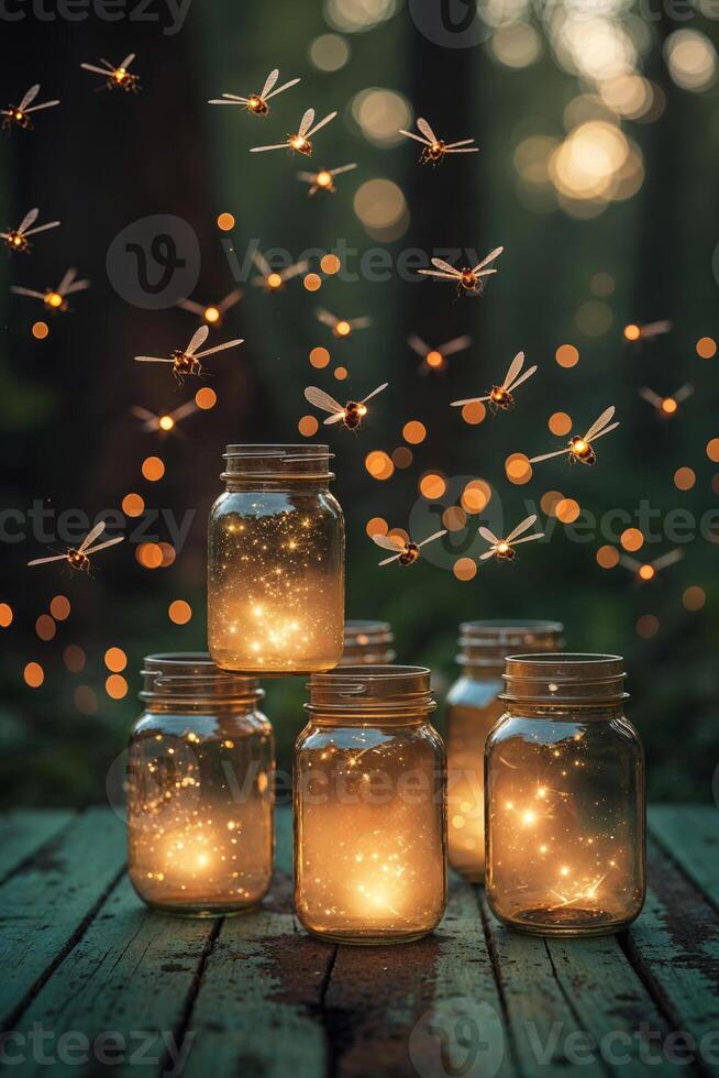 Decorative glass jars filled with glowing lights attract fireflies in a serene forest during twilight photo