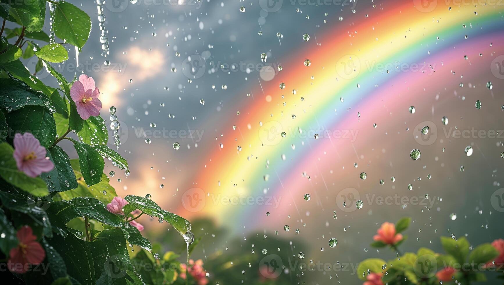 Rainbow arcs over blooming flowers after a refreshing rain shower in a tranquil garden during early evening photo
