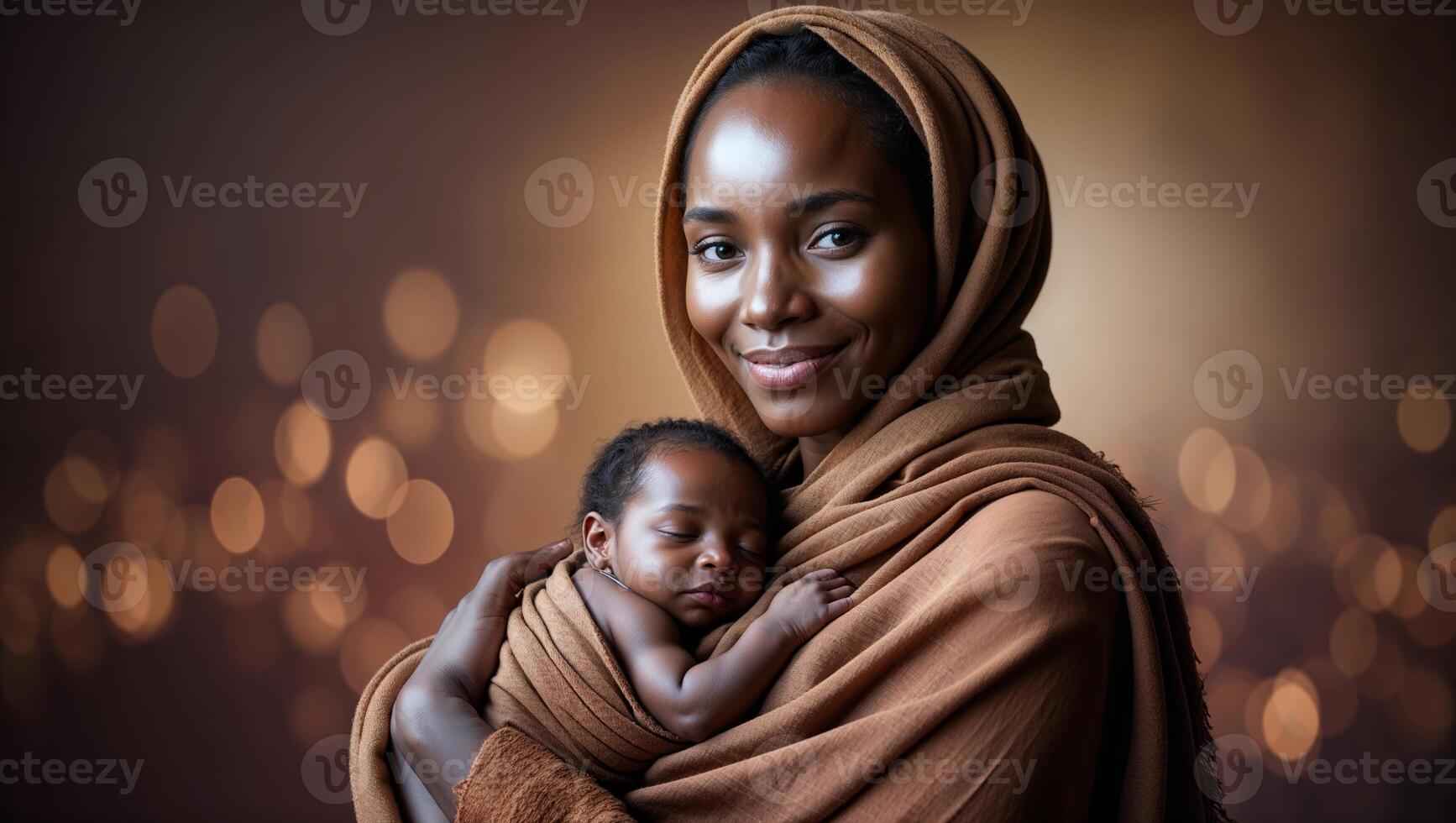 Mother holding sleeping baby wrapped in warm fabric with soft glowing background photo
