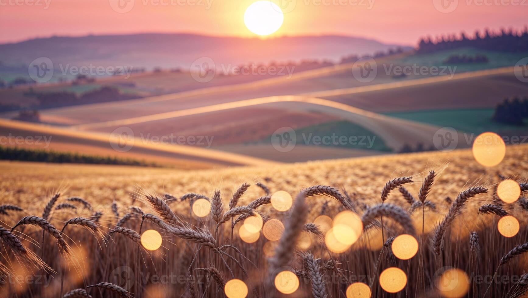 Golden wheat field during sunrise with rolling hills in the background creating a tranquil landscape photo