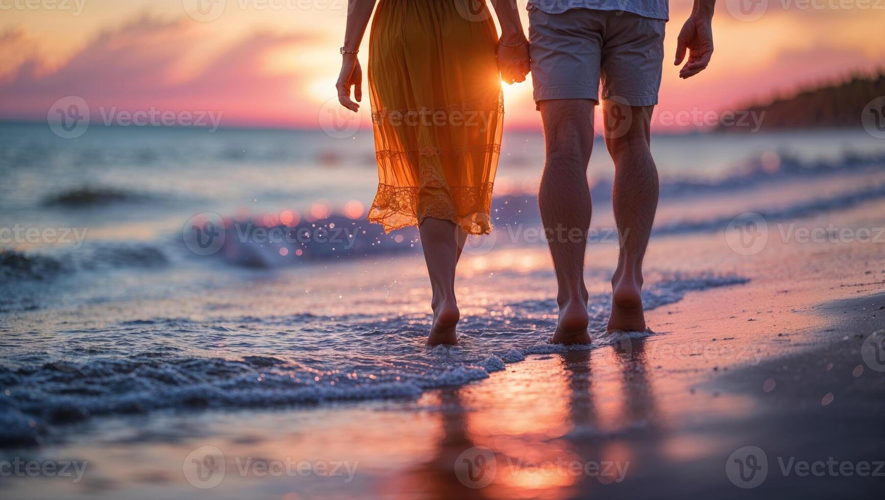 Couple walks hand in hand along the beach during sunset, enjoying a romantic moment by the ocean waves photo