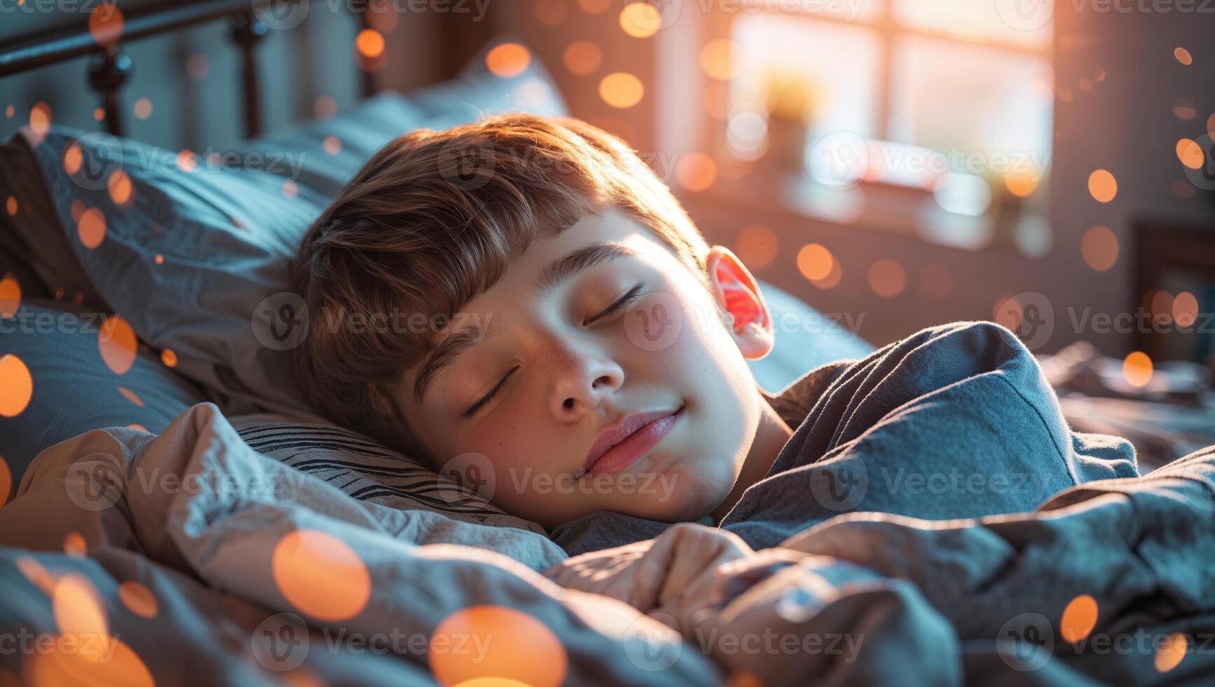 Peaceful young boy sleeping soundly in bed surrounded by warm sunlight and soft bedding during early morning hours photo
