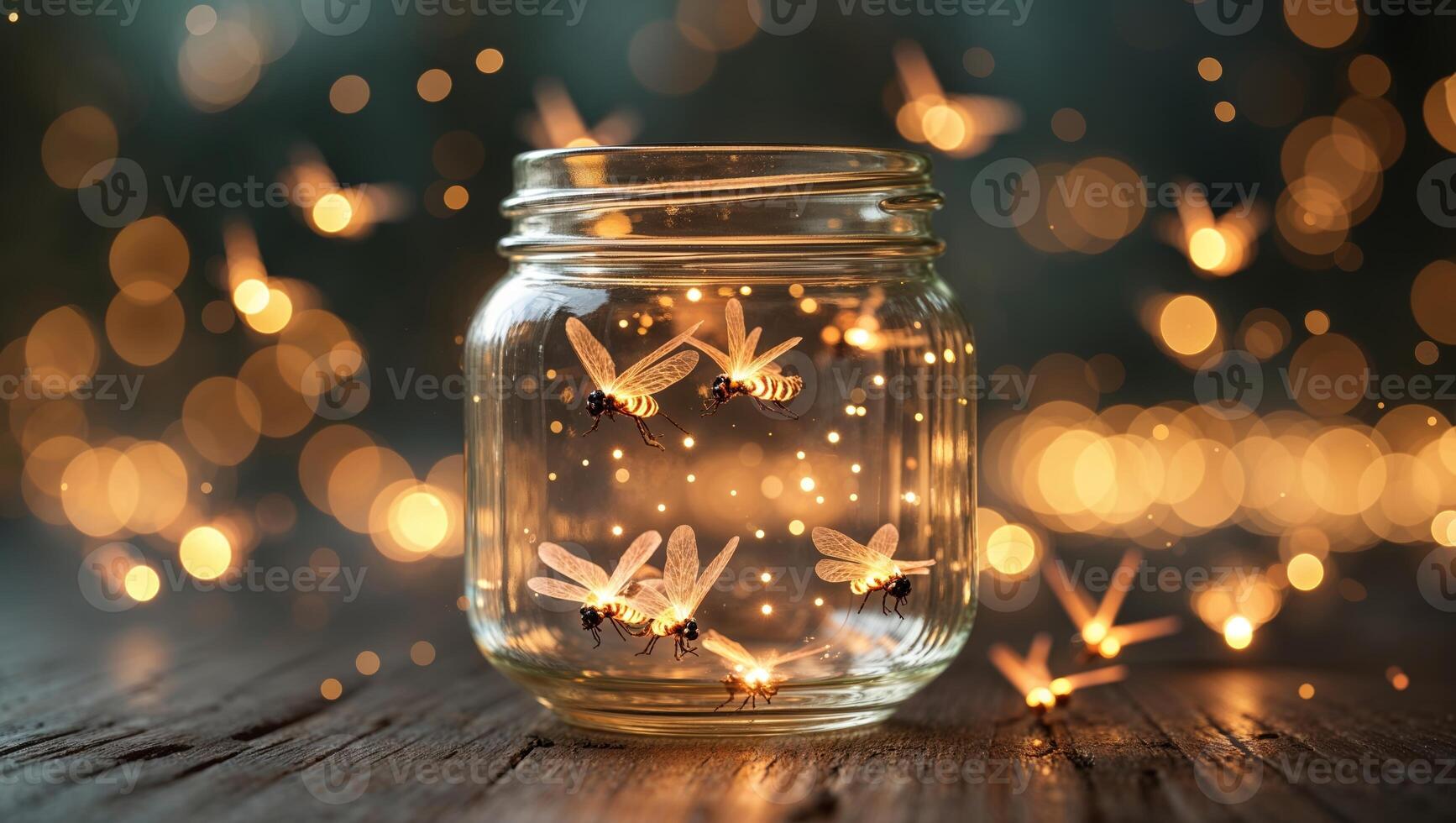 Fireflies in a jar illuminate a dark setting with enchanting, warm light during a summer evening photo