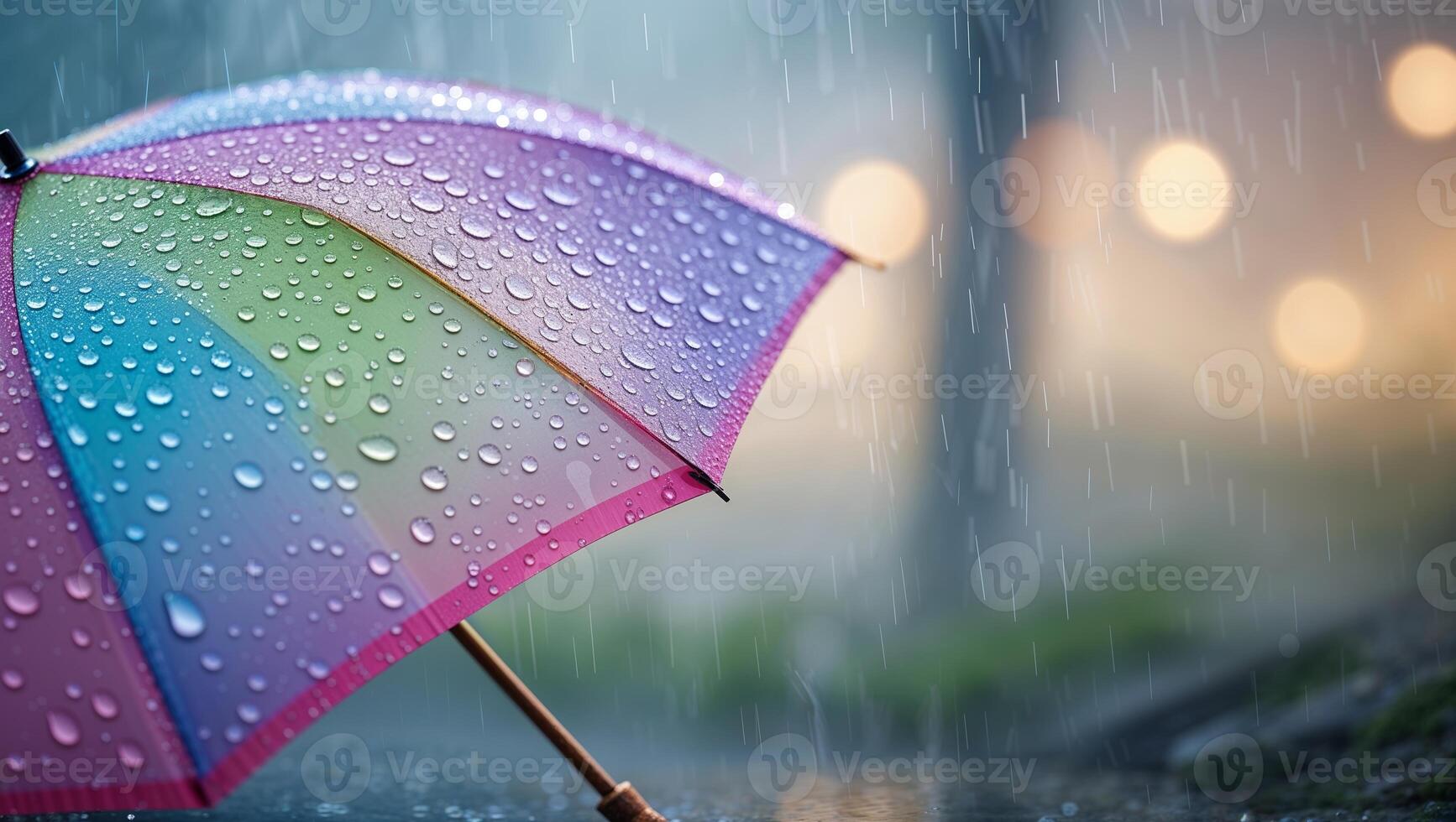 Colorful umbrella with rain drops under a cloudy sky in a tranquil park setting during a rainy afternoon photo