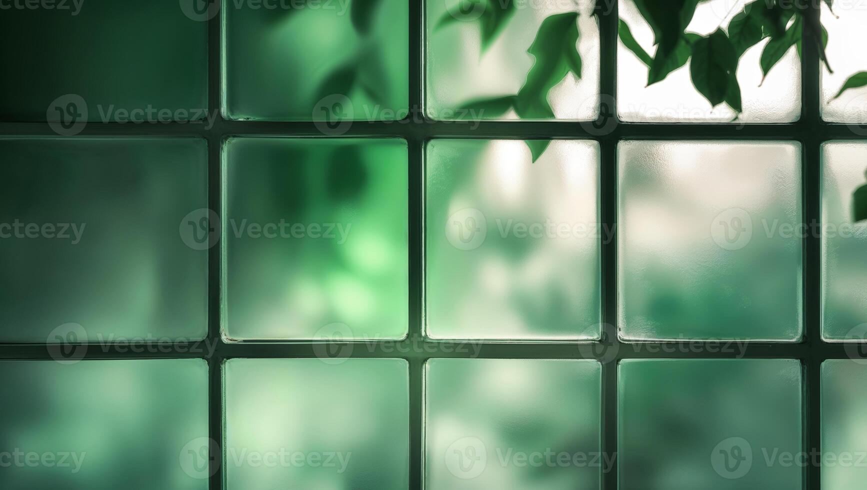 Soft green light filters through a textured glass wall adorned with leaves in a tranquil indoor space photo