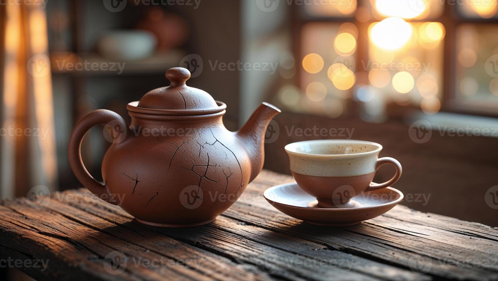 Warm afternoon tea with a rustic teapot and cup against a glowing backdrop in a cozy setting photo