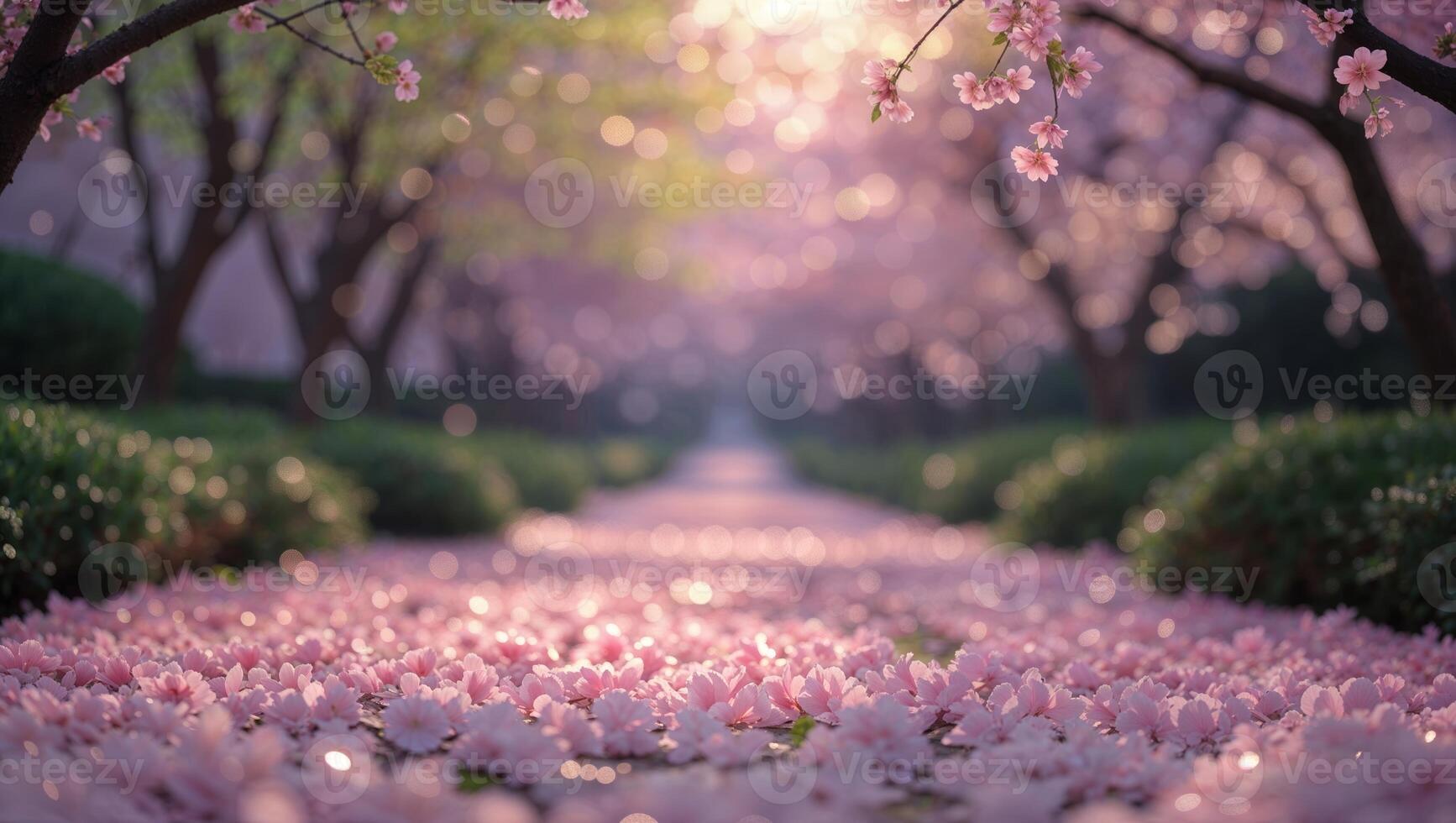 Cherry blossom path in a serene garden during springtime with petals covering the ground photo