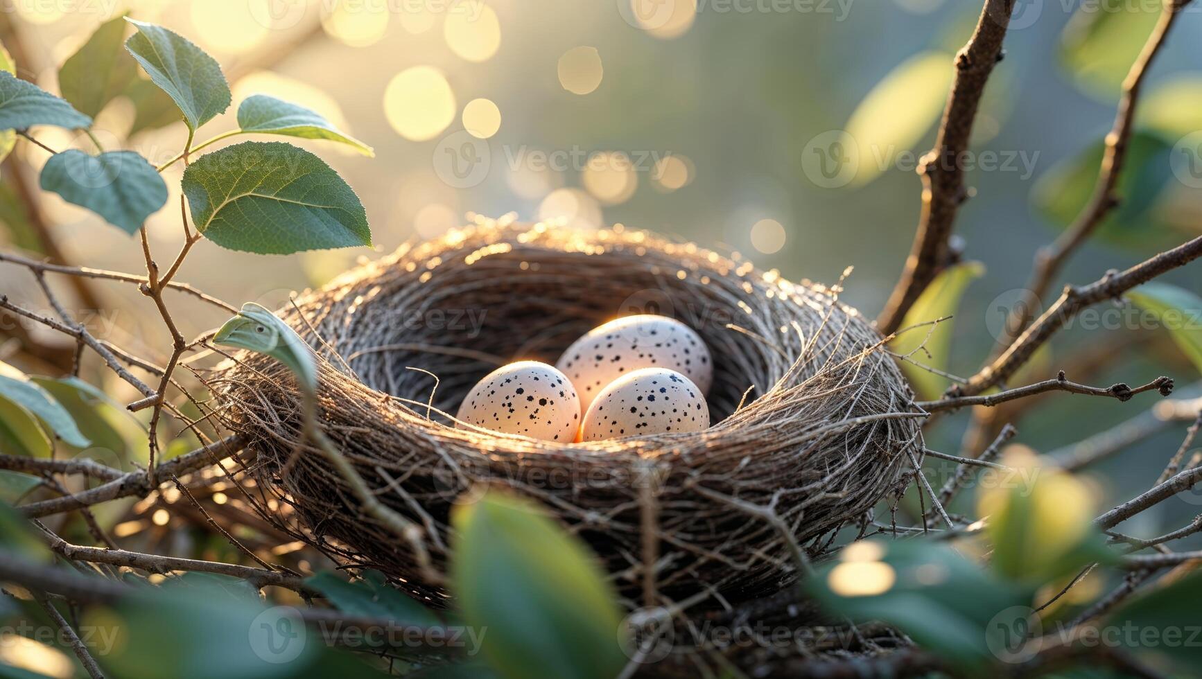 Nest with speckled eggs resting in a sunlit tree during early morning hours in nature photo