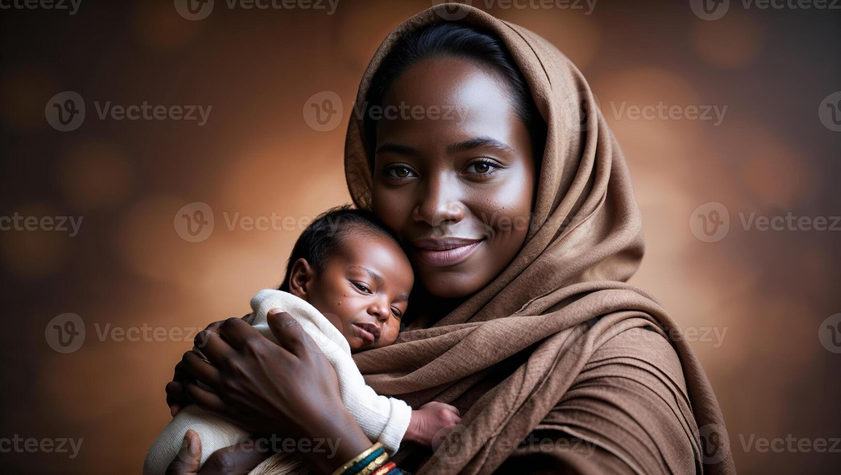 Mother holds newborn baby in loving embrace with soft lighting creating a warm atmosphere photo