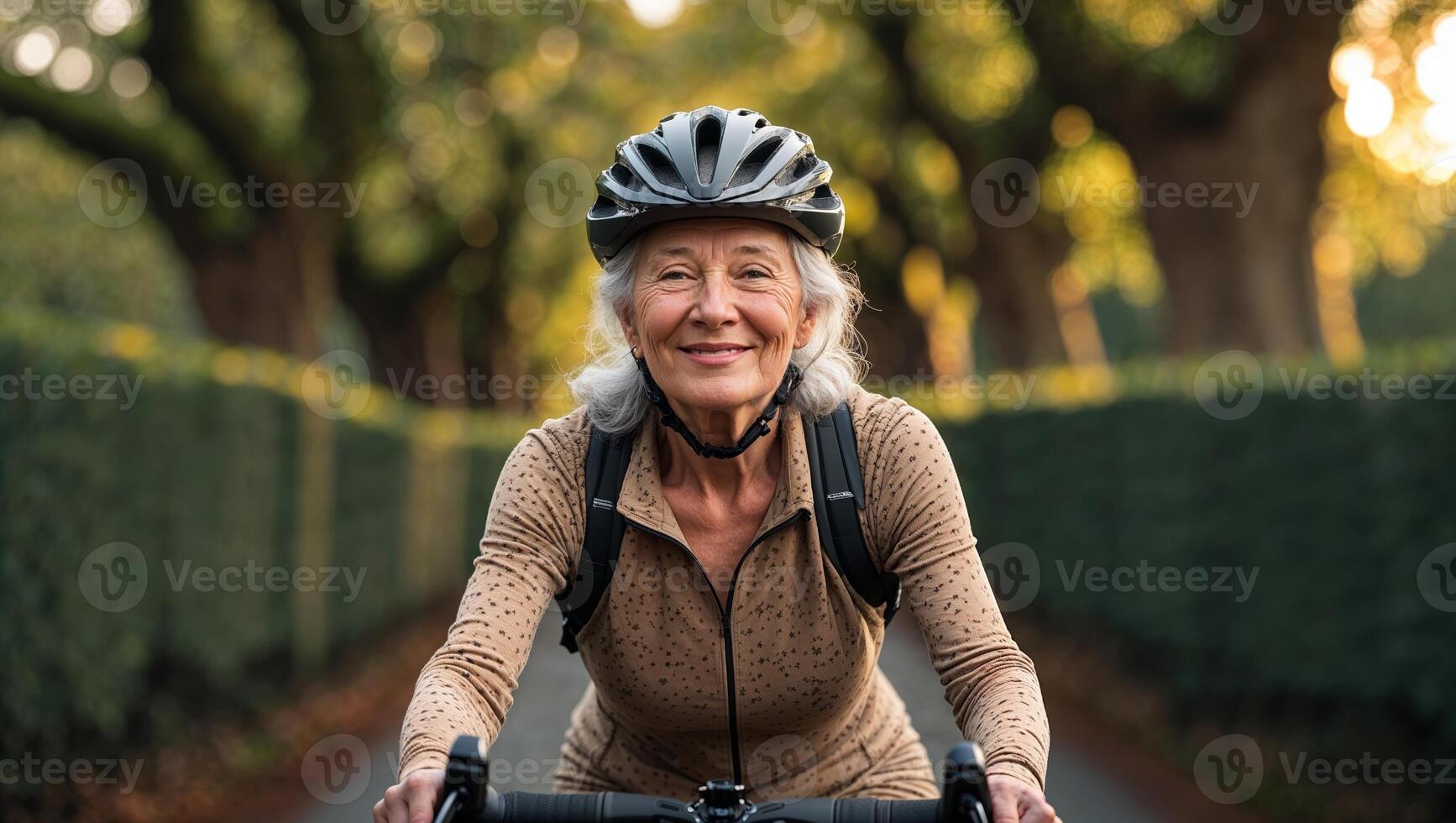 Senior woman enjoys cycling on a tree-lined path during golden hour in a serene park setting photo