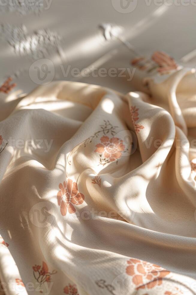 Soft textile draped elegantly with floral patterns illuminated by warm sunlight in a tranquil indoor setting photo