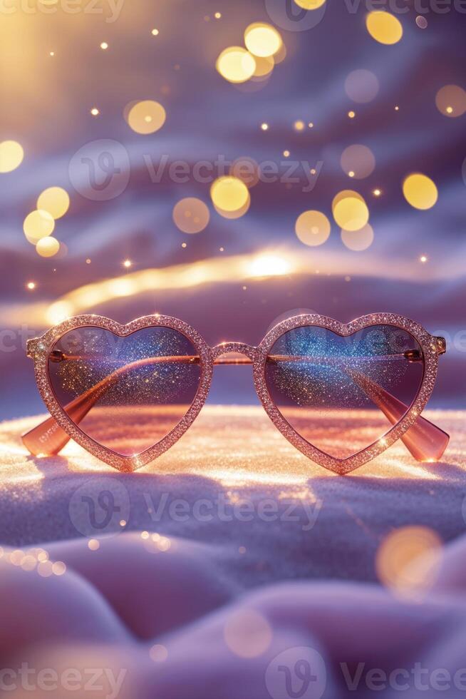 Heart-shaped sunglasses shine in sparkling light against a soft background during a dreamy evening photo