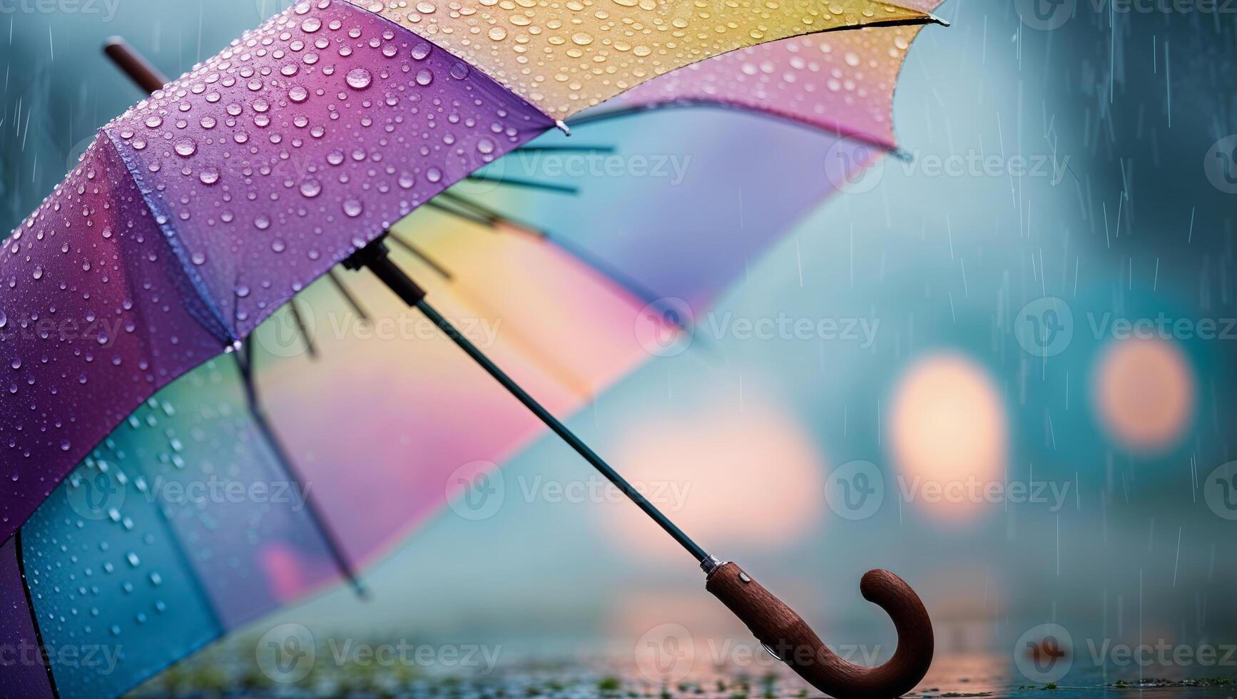Colorful umbrella in the rain with water droplets reflecting light in a foggy atmosphere photo