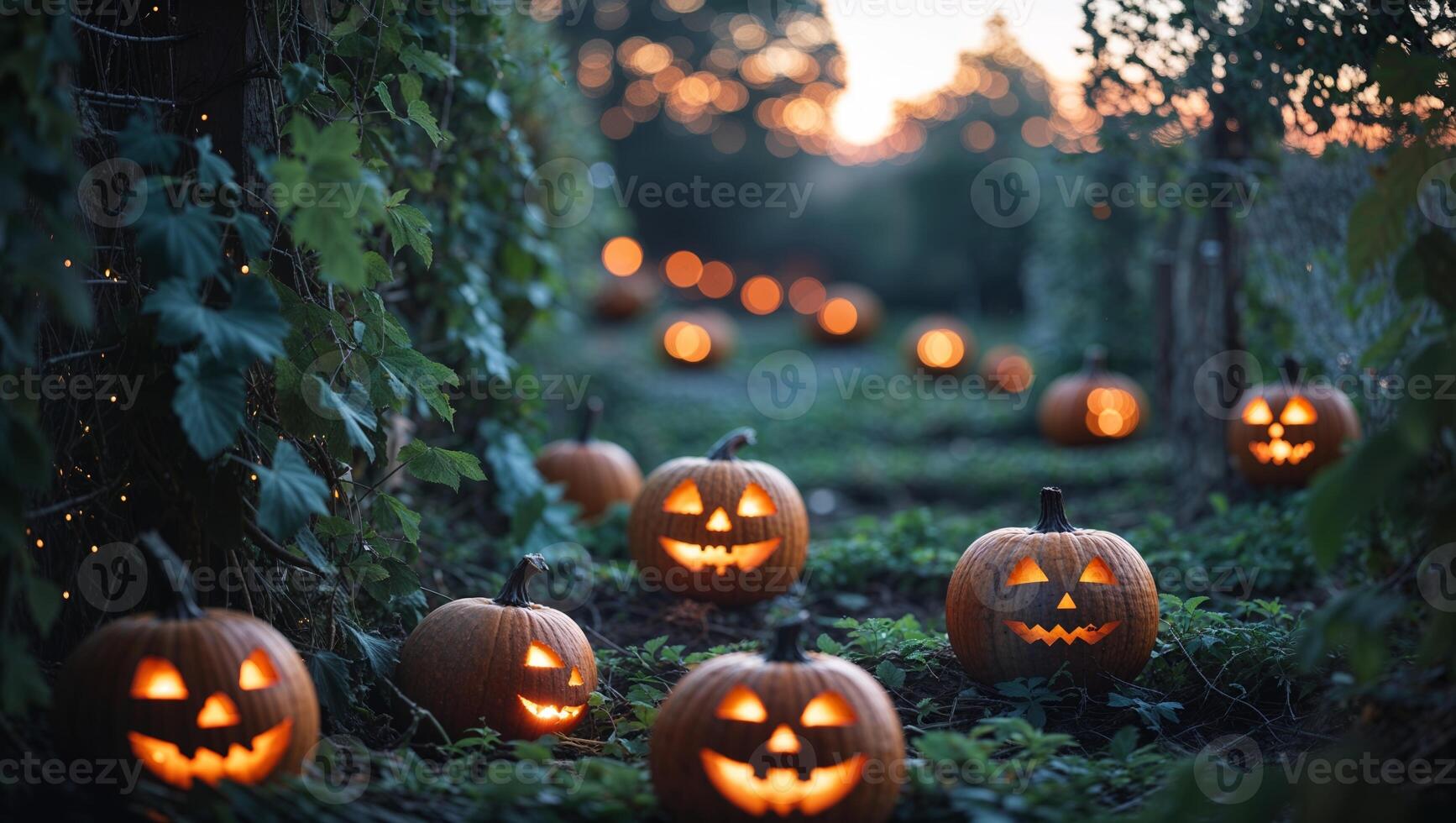Pumpkins illuminate a garden pathway during a festive Halloween evening photo