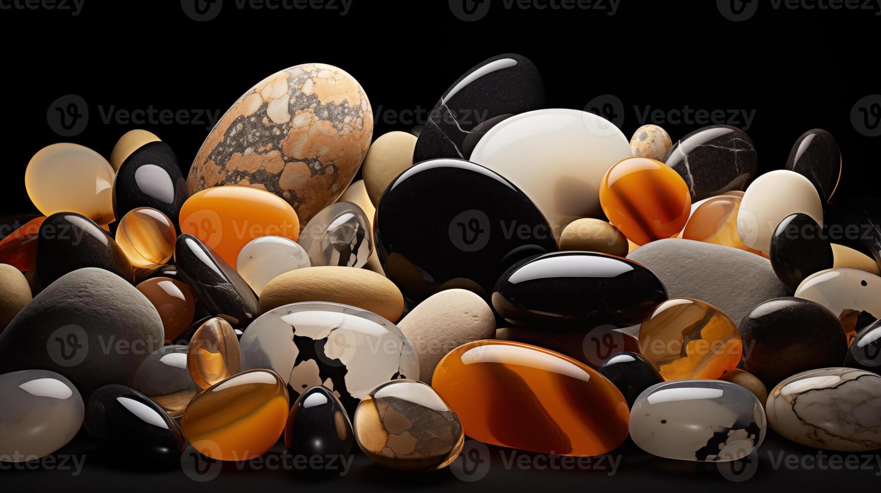 An array of polished stones in multiple shapes and sizes, featuring a palette of black, white, yellow, orange, and beige colors, arranged on a dark surface. photo