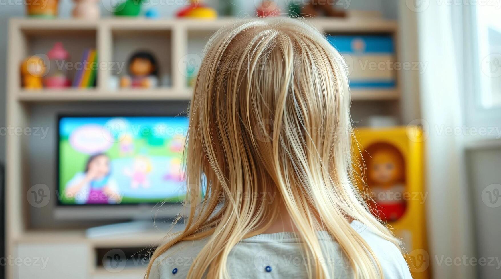 A little girl is watching a cartoon on television photo