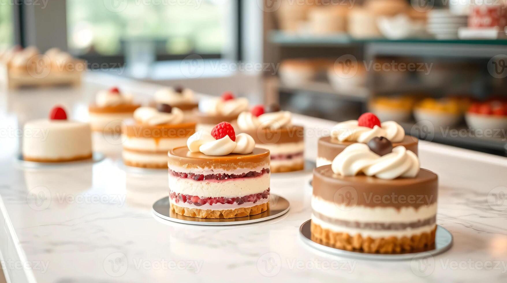 Several cakes are sitting on a counter photo
