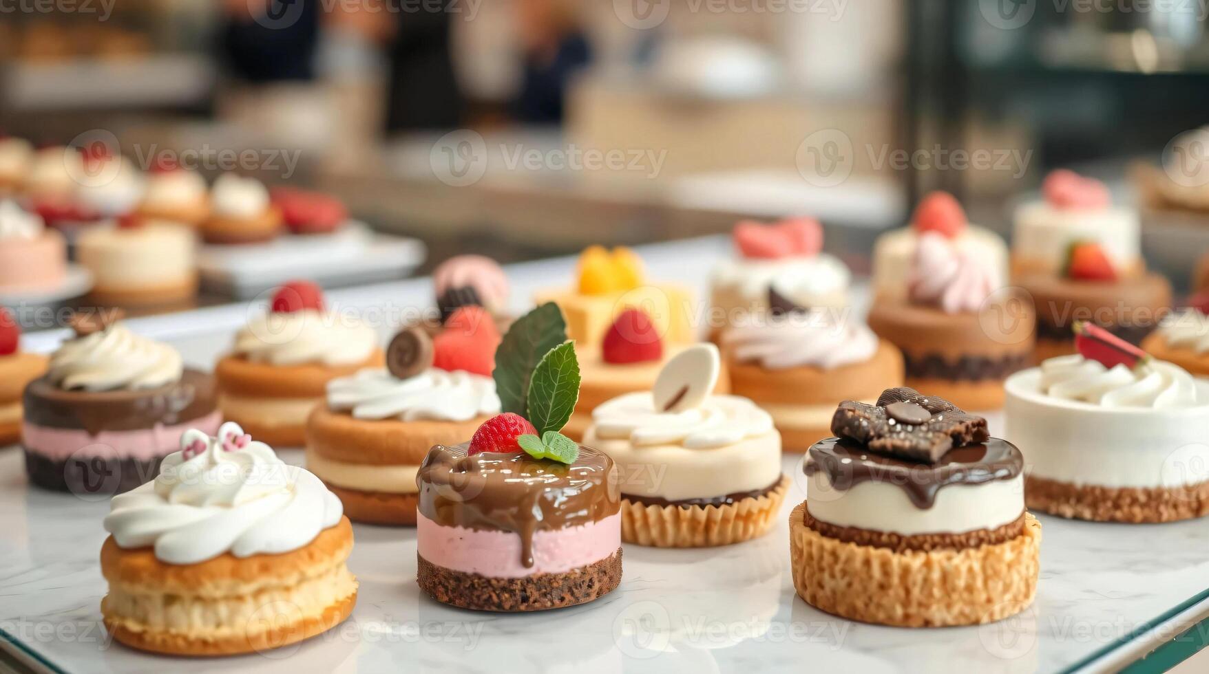 Many different types of desserts are on display photo