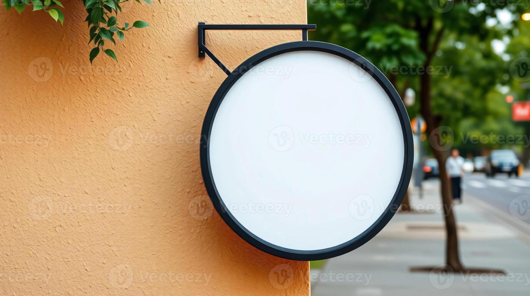 A white circular sign on the side of a building photo