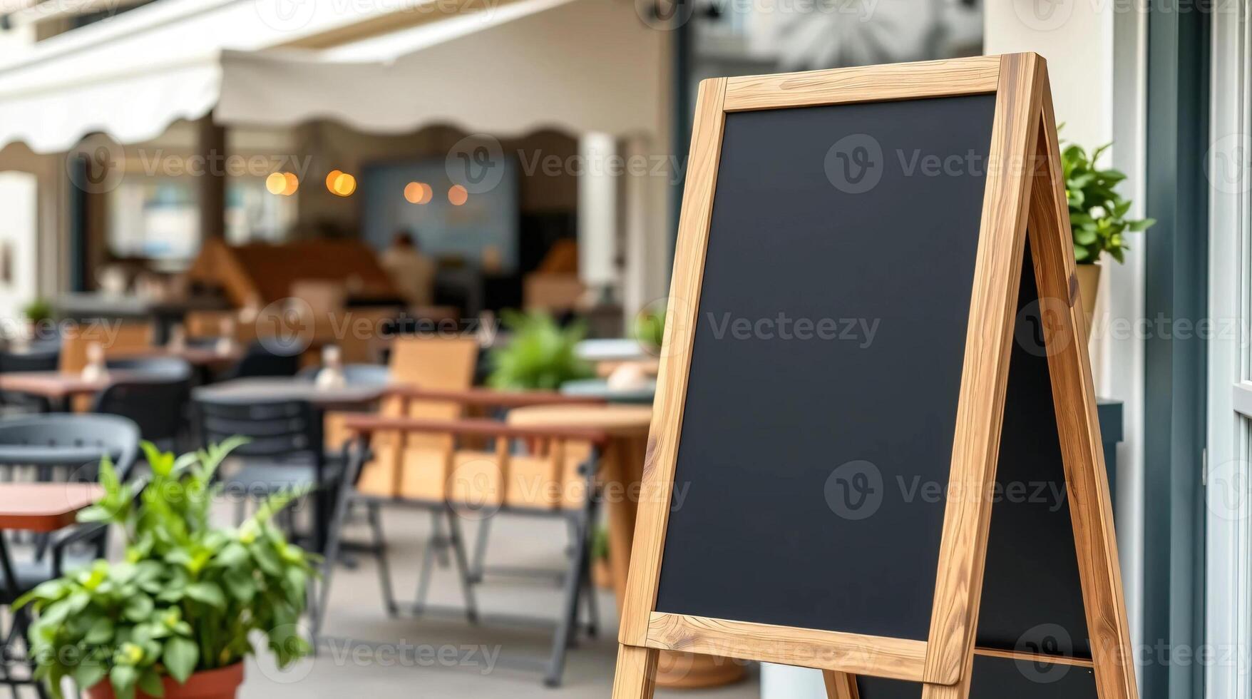 A chalkboard is on a wooden easel outside a restaurant photo