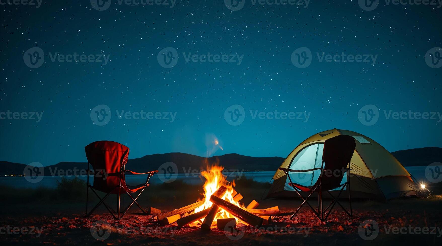 Camping chairs and a campfire at night photo