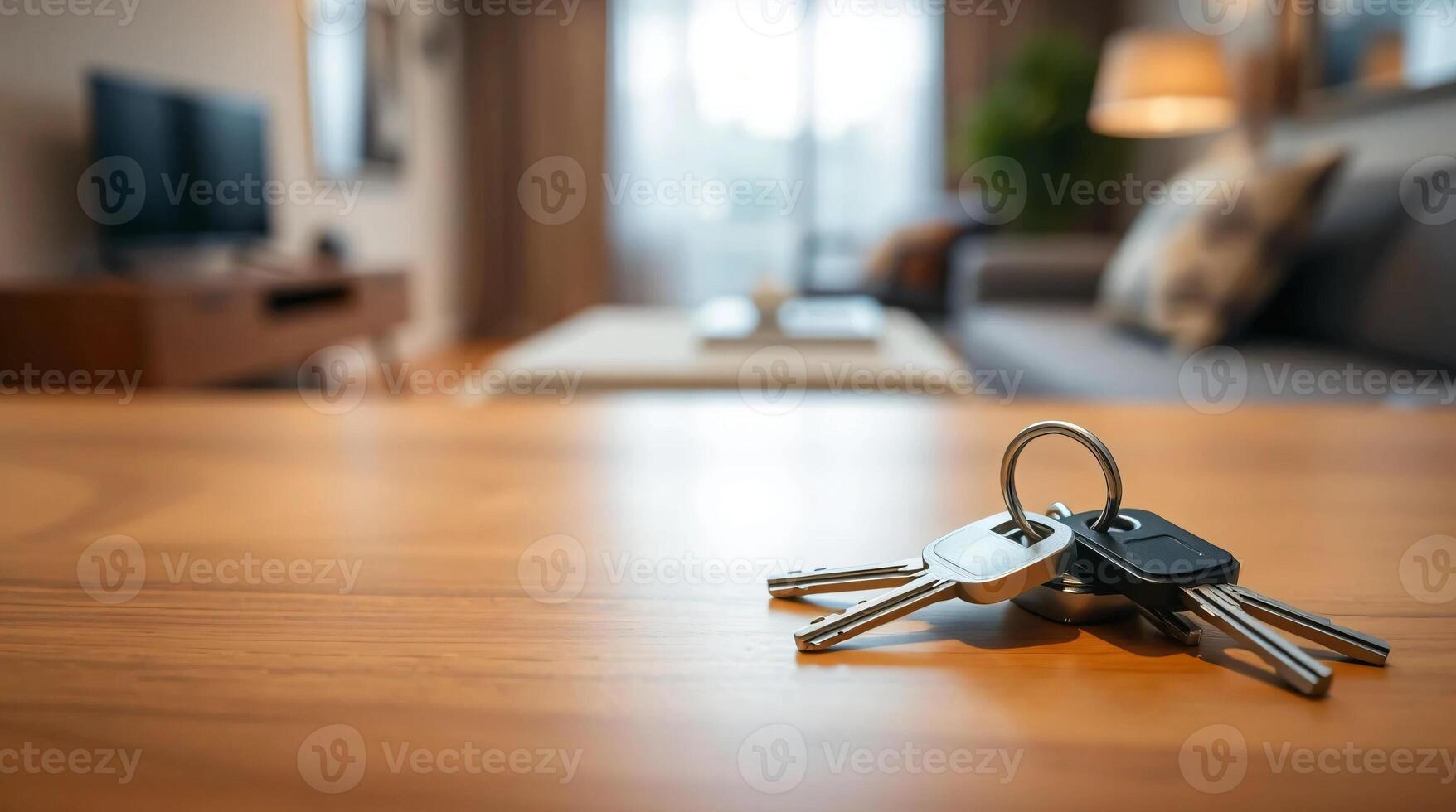 A key on a table in front of a living room photo