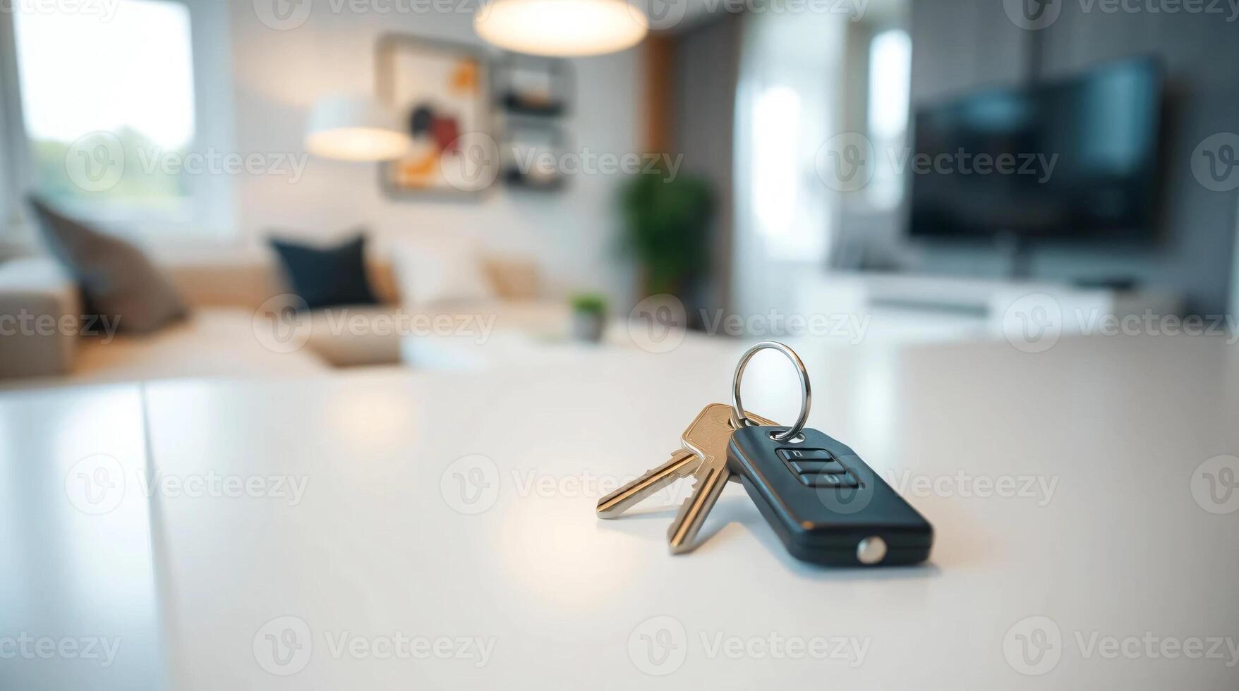 A key and a remote control on a table in front of a living room photo