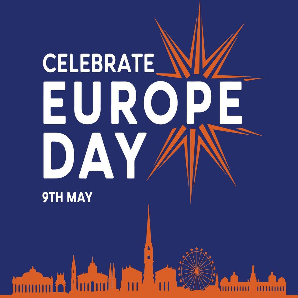 Celebrate Europe day with a blue background and orange text. vector