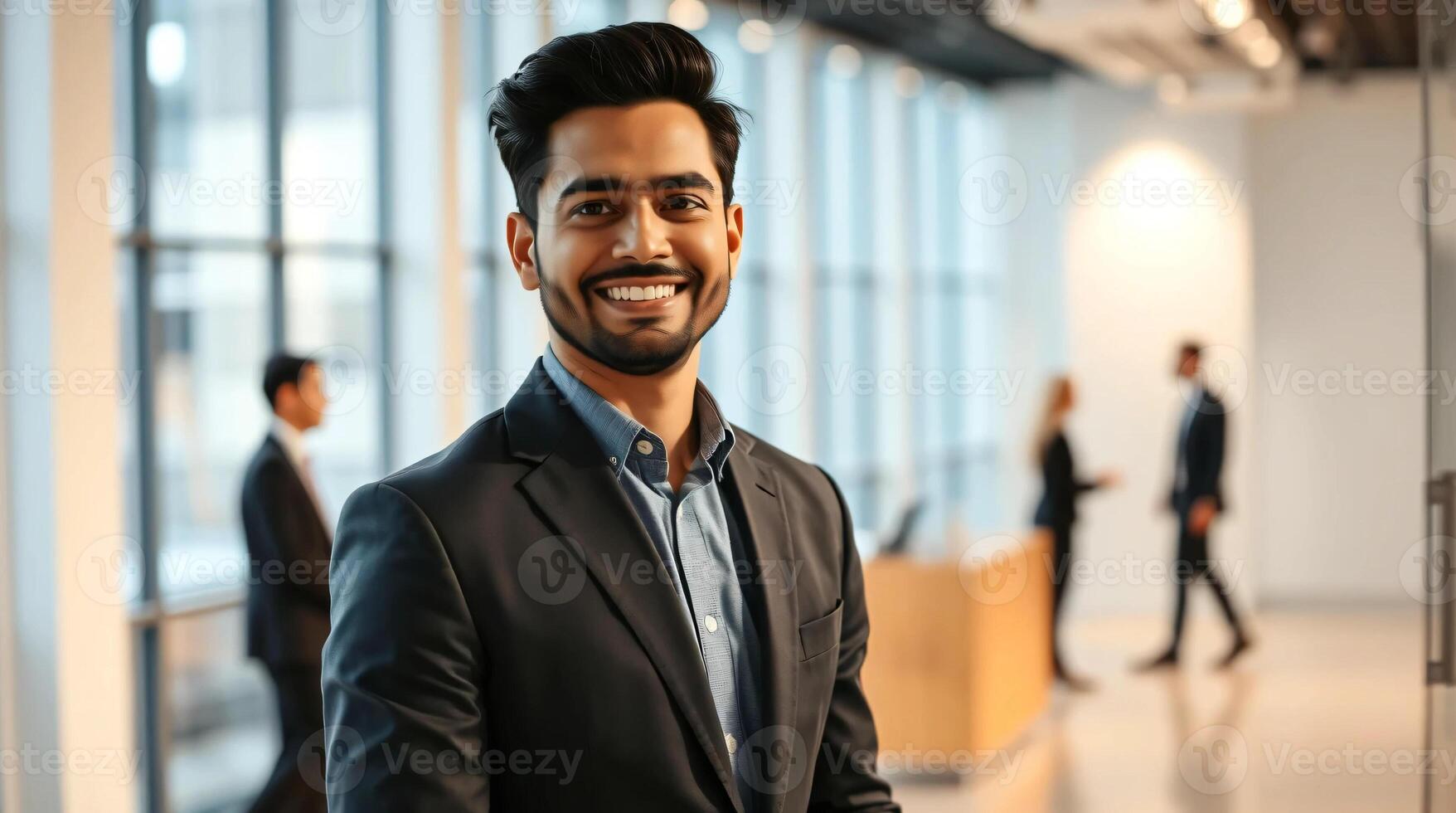 A smiling man in a suit and tie standing in an office photo