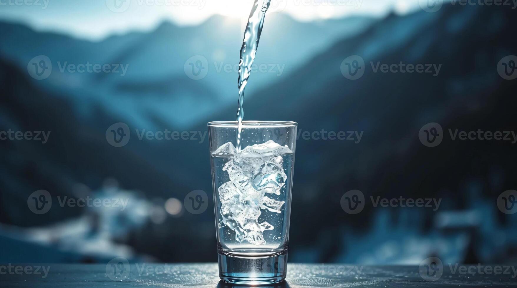 A glass of water with ice in it on a table photo
