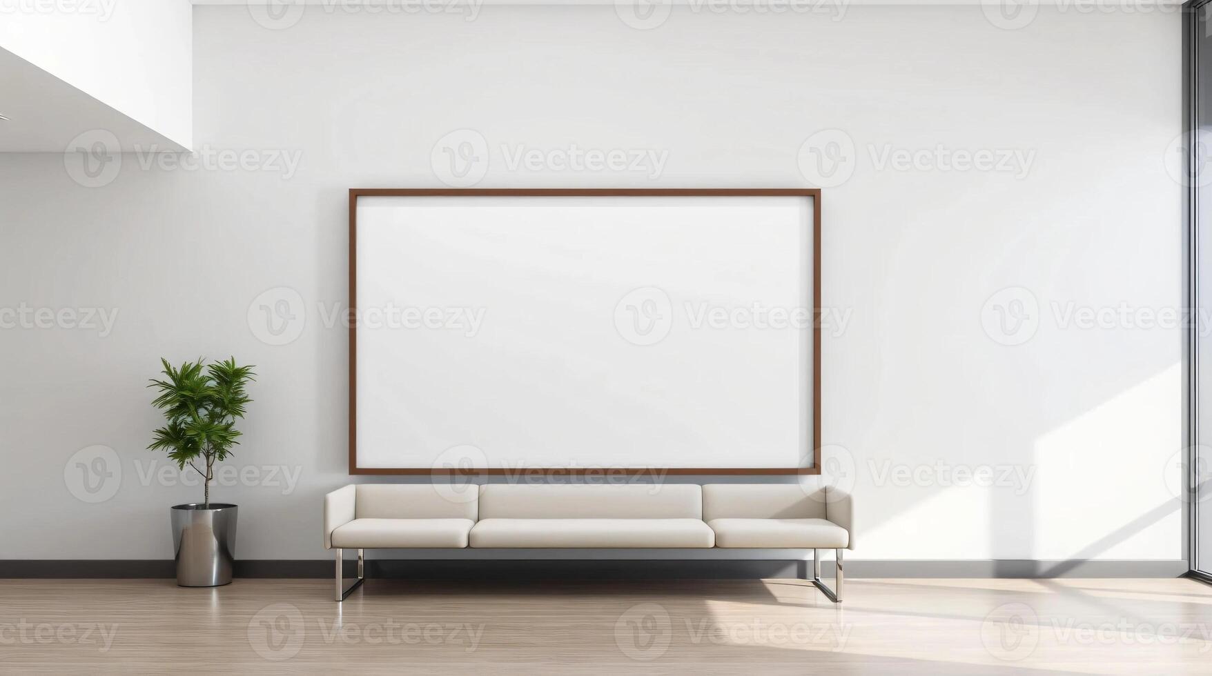 Empty white room with a couch and a blank picture frame photo