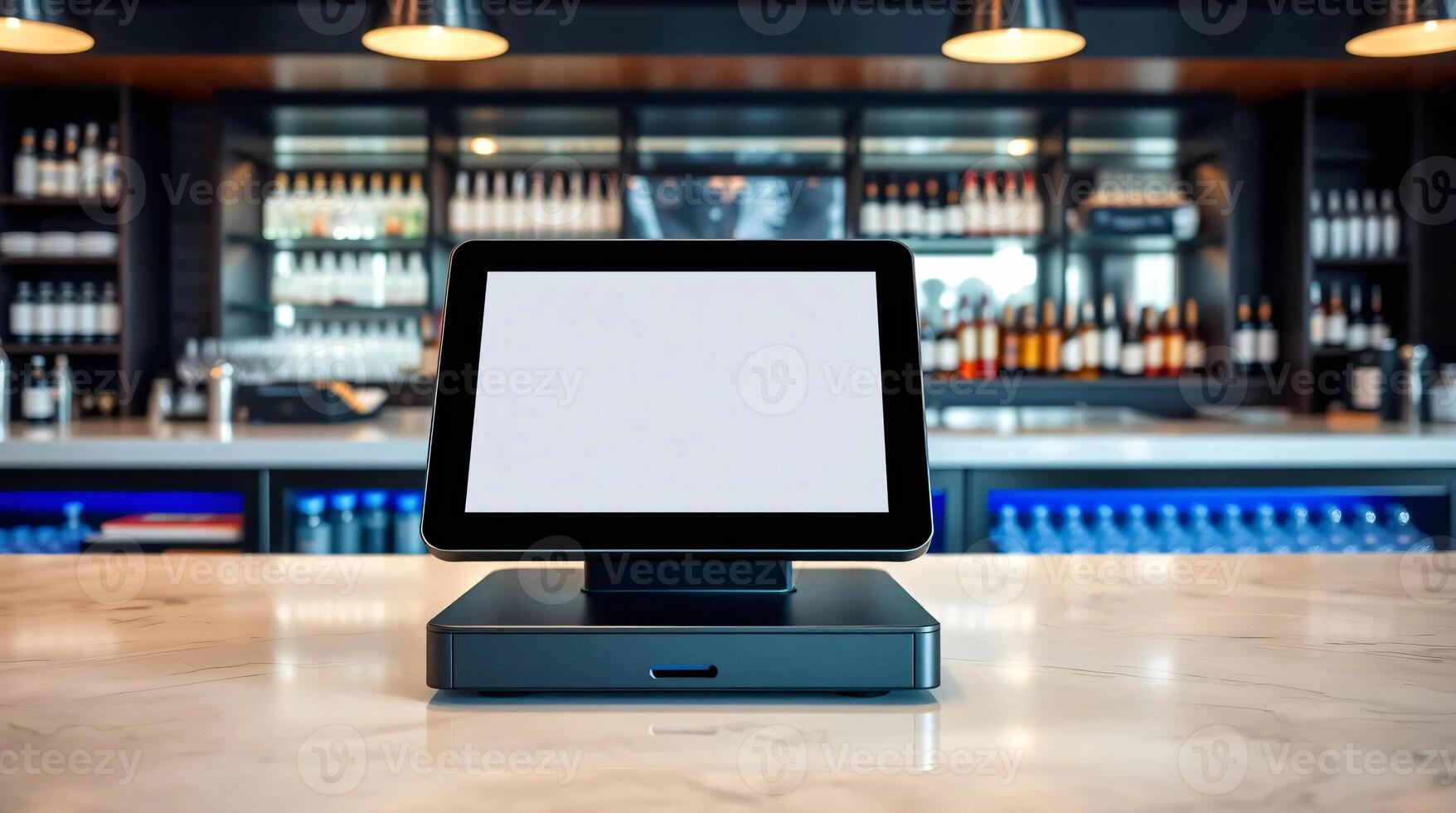 A tablet on a counter in a restaurant photo
