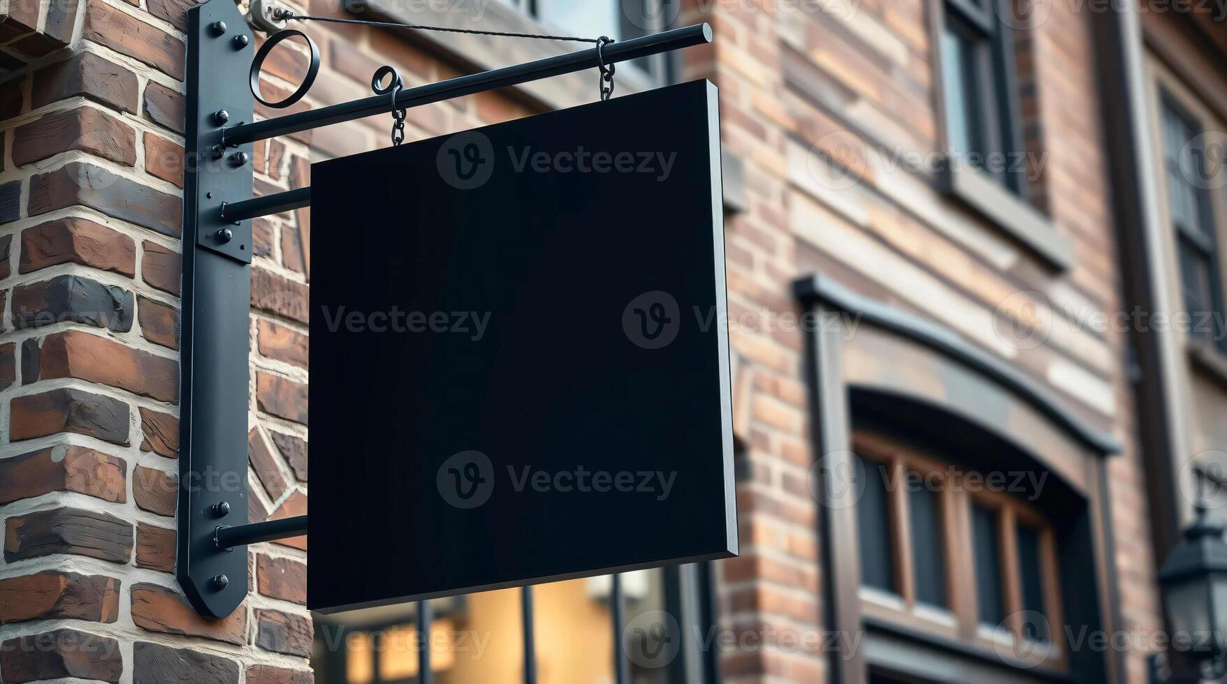 A black sign hanging on a brick building photo