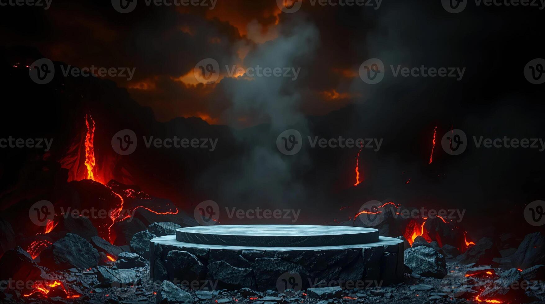 A lava pit with a stone table in the middle photo