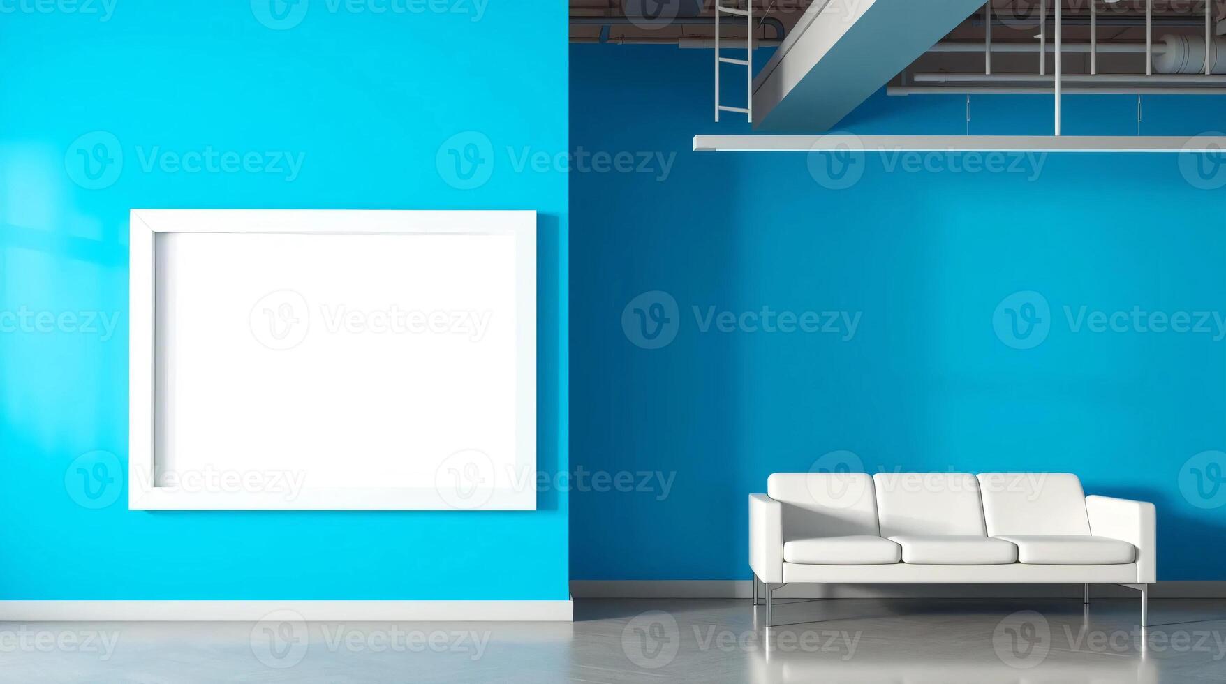 A white couch and a blank frame in a blue room photo
