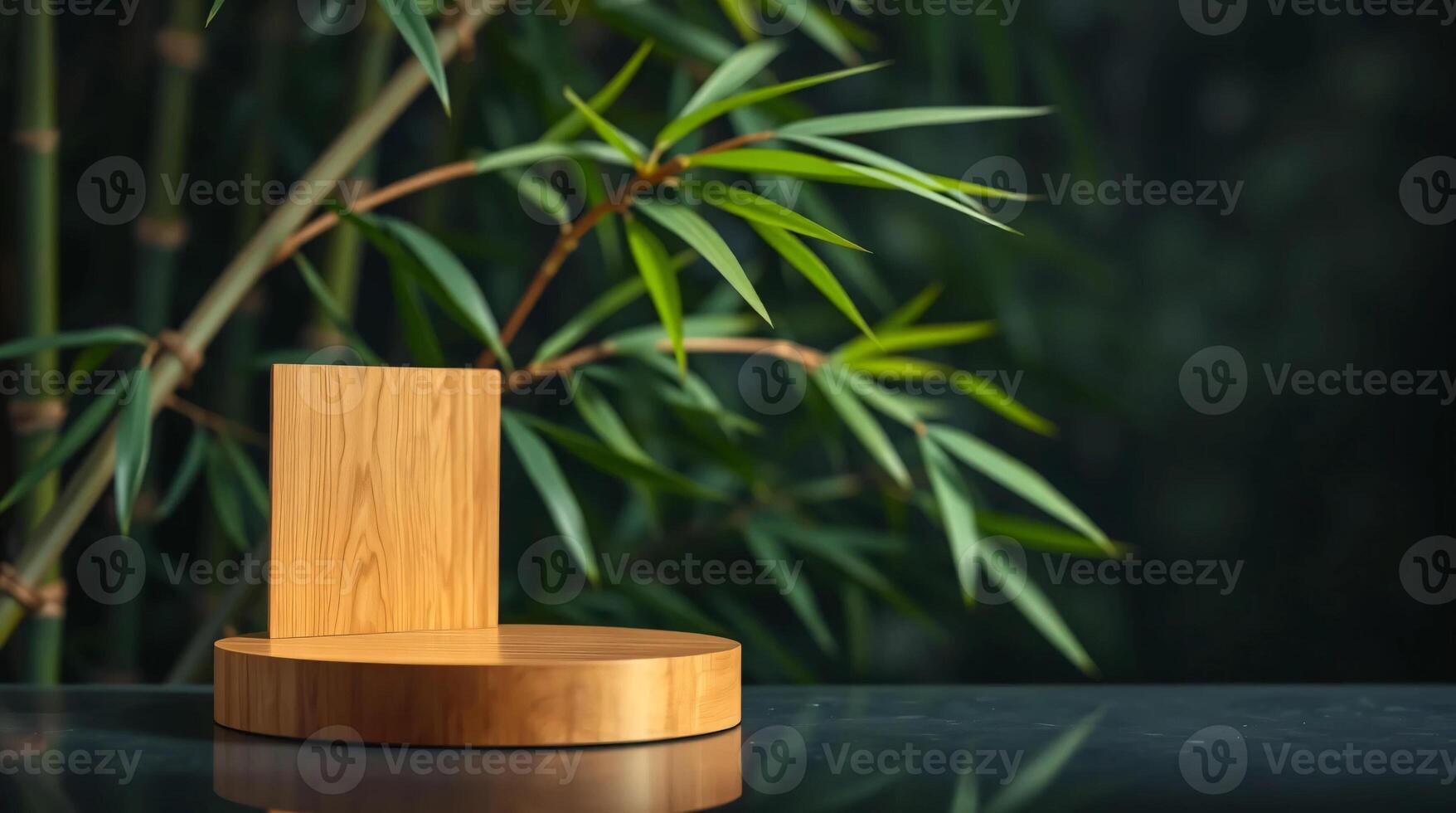 A wooden stand with a bamboo plant in the background photo