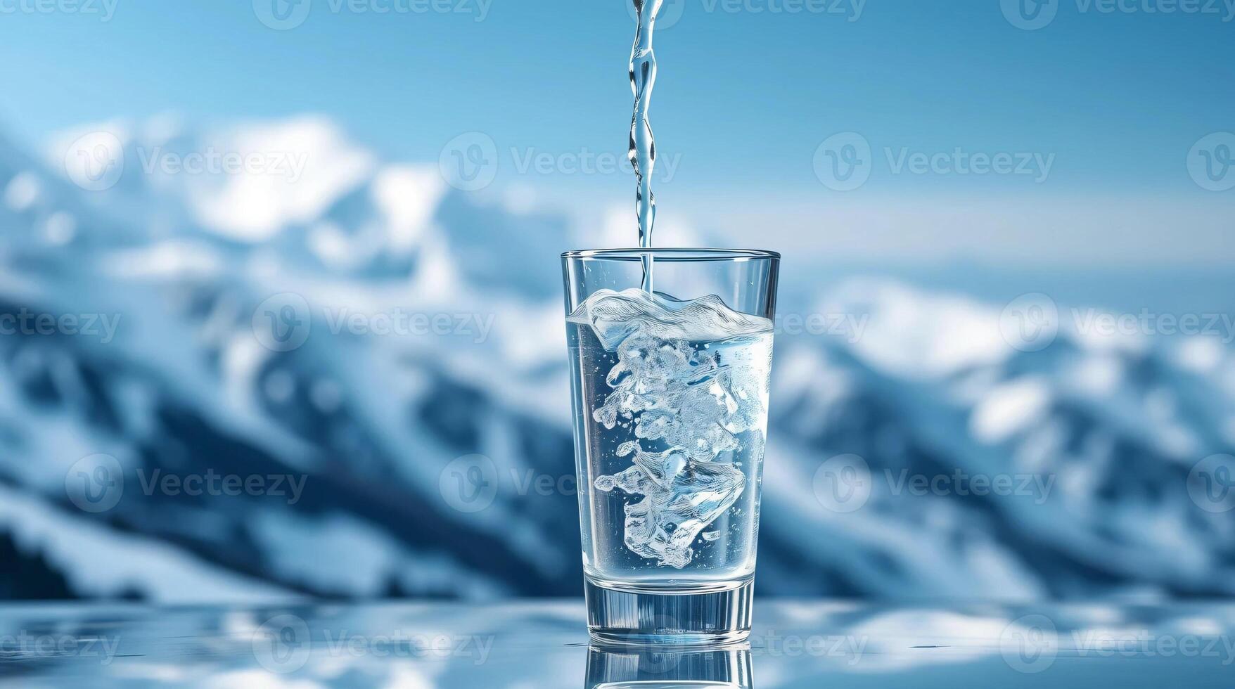 A glass of water with snow and mountains in the background photo
