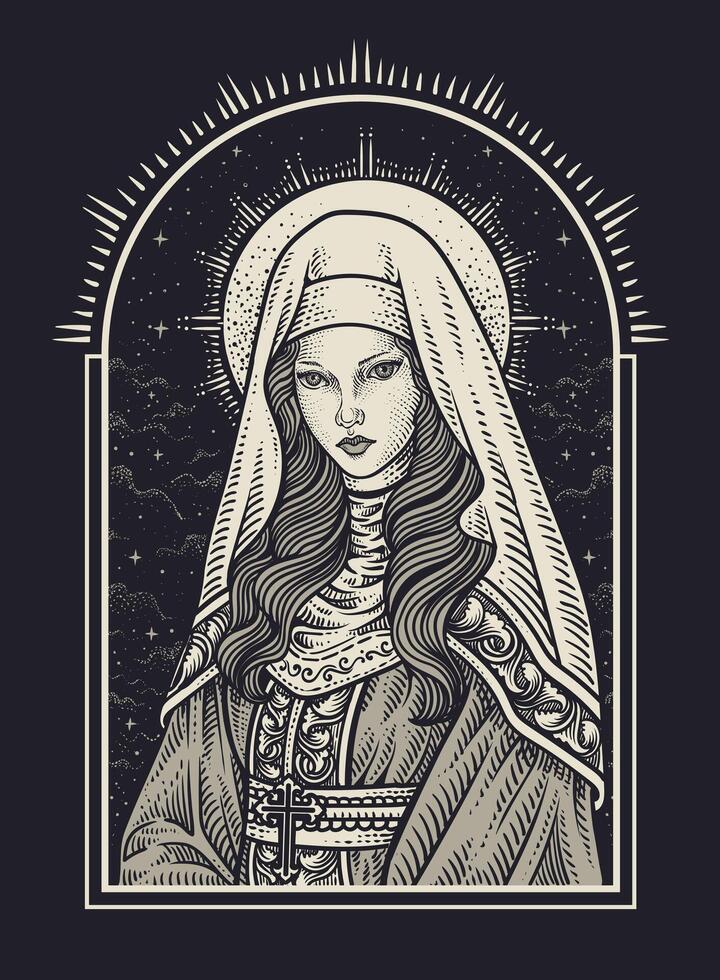 Illustration beautiful nun drawing with engraving hand drawn style on black background vector